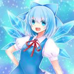  bad_id bad_pixiv_id blue_background blue_dress blue_eyes blue_hair cirno dress fang hair_ribbon hand_on_hip highres leaning looking_at_viewer nekotamago open_mouth outline puffy_short_sleeves puffy_sleeves ribbon short_hair short_sleeves solo star starry_background touhou upper_body wings 
