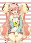  blush breasts commentary_request gogatsu_no_renkyuu headphones large_breasts long_hair medium_breasts nitroplus open_mouth pink_eyes pink_hair seat smile solo super_sonico 