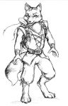  anthro backpack belt black_and_white canid canine clothed clothing colorless concept_art digitigrade fox inherit_the_earth lisa_sample male mammal monochrome official_art open_shirt pants rif simple_background smile smirk solo straps tunic white_background 