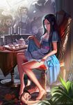  1girl alice:_madness_returns alice_(wonderland) alice_in_wonderland alternate_costume american_mcgee&#039;s_alice american_mcgee's_alice barefoot black_hair cup dress feet fire flower green_eyes highres inoi legs long_hair sitting solo tea 