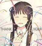  black_hair closed_eyes confetti hair_ribbon idolmaster idolmaster_million_live! long_hair mogami_shizuka open_mouth pclbang ribbon smile solo 