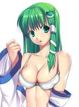  bra breasts cleavage detached_sleeves frog_hair_ornament green_eyes green_hair hair_ornament hair_tubes kochiya_sanae large_breasts long_hair long_sleeves looking_at_viewer no_shirt open_mouth simple_background snake_hair_ornament solo tanakana touhou underwear upper_body white_background wide_sleeves 