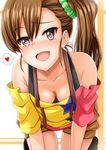  bad_id bad_pixiv_id bare_shoulders blush breasts brown_eyes brown_hair cleavage collarbone commentary_request downblouse extended_downblouse futami_mami heart idolmaster idolmaster_(classic) inu_(marukome) long_hair looking_at_viewer medium_breasts off_shoulder open_mouth scrunchie shirt shorts side_ponytail smile solo spoken_heart 