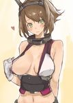  arm_behind_back bad_id bad_pixiv_id bare_shoulders blush breasts brown_hair cleavage clothes_pull collar covered_nipples gloves green_eyes headgear heart huge_breasts kantai_collection kyouki midriff mutsu_(kantai_collection) navel short_hair sketch solo sweatdrop tareme upper_body 