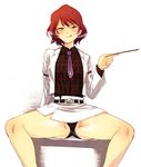  belt black_panties blush breath drumsticks horikawa_raiko jacket licking_lips long_sleeves looking_at_viewer naughty_face necktie panties purple_neckwear red_eyes red_hair shirt short_hair simple_background skirt smile solo spread_legs thick_thighs thighs tongue tongue_out touhou underwear urin vest white_background 