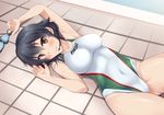  bad_id bad_pixiv_id black_hair braid brown_eyes competition_swimsuit covered_navel girls_und_panzer goggles goggles_removed highres lying nksk one-piece_swimsuit pepperoni_(girls_und_panzer) short_hair solo swimsuit tile_floor tiles 