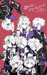  6+boys :p absurdres add_(elsword) ahoge anger_vein animal_hood arc_tracer_(elsword) bad_id bad_pixiv_id black_sclera bow diabolic_esper_(elsword) elsword eyewear_removed genderswap glasses hair_bow highres holding holding_eyewear hood hwansang jacket korean lunatic_psyker_(elsword) mastermind_(elsword) messy_hair multiple_boys pants psychic_tracer_(elsword) red_background short_hair smile spiked_hair time_tracer_(elsword) tongue tongue_out tracer_(elsword) upside-down v 