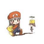  ?_block aircraft airplane akagi_(kantai_collection) black_eyes black_hair blush box box_on_head brown_hair carrying chibi cosplay dress hat holding holding_box jumping kaga_(kantai_collection) kantai_collection long_hair lowres mario mario_(cosplay) mario_(series) multiple_girls open_mouth pinafore_dress rebecca_(keinelove) short_hair side_ponytail smile solid_oval_eyes super_mario_bros. 