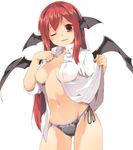  bat_wings breasts hasebe_yuusaku head_wings koakuma long_hair long_sleeves looking_at_viewer medium_breasts midriff navel no_bra no_pants open_clothes open_mouth open_shirt panties red_eyes red_hair shirt shirt_lift simple_background smile solo touhou underwear white_background wings 