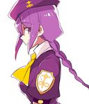 ascot asymmetrical_hair beret blouse braid breasts collared_shirt from_side hat looking_at_viewer medium_breasts melty_blood profile purple_eyes purple_hair shirt single_braid sion_eltnam_atlasia six_(fnrptal1010) solo tsukihime 