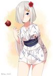  bad_id bad_pixiv_id blue_eyes candy_apple flower food hair_flower hair_ornament hair_over_one_eye hairclip hamakaze_(kantai_collection) japanese_clothes kantai_collection kimono matsunoki_(unknown_751) short_hair silver_hair solo twitter_username yukata 