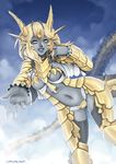 barbariank blonde_hair blue_sky breasts breasts_apart center_opening circlet dragon_girl dragon_horns dragon_tail dungeons_and_dragons gold_dragon_(d&amp;d) grey_skin grin hair_twirling highres horns lips looking_at_viewer medium_breasts navel nose outstretched_hand scales sky smile solo tail thighhighs yellow_eyes 