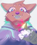 absurd_res ambiguous_gender anthro black_fur black_nose canid canine cheek_tuft clothed clothing english_text fangs fox front_view fur gloves_(marking) guide_lines head_tuft hi_res hoodie looking_at_viewer mammal markings purple_clothing pyrocynical red_eyes red_fur smile squizxy text tongue tongue_out tuft youtuber 