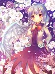  angel_wings bow brooch dress finger_to_mouth flower hand_on_hip jacket jewelry kishin_sagume long_sleeves looking_at_viewer open_clothes open_jacket peach_blossom pjrmhm_coa purple_dress red_eyes silver_hair single_wing smile solo touhou wings 