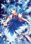  blue_dress blue_eyes blue_hair blush cirno dress dutch_angle frills hagiwara_rin hair_ornament hair_ribbon ice ice_wings looking_at_viewer open_mouth pointing puffy_sleeves ribbon short_hair short_sleeves smile snowflakes solo sparkle touhou wings 