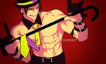  abs bad_id bad_pixiv_id brown_hair detached_collar english gloves half_gloves hat highres hohehohe kusanagi_kyou male_focus muscle necktie red_background shirtless solo the_king_of_fighters yellow_eyes 