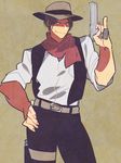  bad_id bad_pixiv_id cowboy cowboy_hat gun hand_on_hip handgun hat highres hohehohe holster kusanagi_kyou male_focus pinky_out pistol revolver scarf solo the_king_of_fighters thigh_holster vest weapon western 