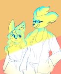  absurd_res anthro big_ears black_nose canid canine clothed clothing duo ear_piercing eyelashes female fox front_view fully_clothed hair hi_res jacket long_ears mammal no_sclera partially_colored piercing size_difference skirt smaller_female smile squizxy standing sweater 