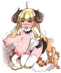  1girl ahoge anira_(granblue_fantasy) blonde_hair blush breasts breasts_outside cow_girl cow_horns cum cum_on_body cum_on_breasts cum_on_upper_body demon_girl ejaculation goat_horns granblue_fantasy hetero horns huge_breasts kneeling long_breasts long_hair nipples niwakaame_(amayadori) no_bra open_clothes open_mouth paizuri panties pantyshot penis simple_background skirt skirt_flip solo_focus succubus thighhighs uncensored underwear very_long_hair white_background white_legwear white_panties yellow_eyes 