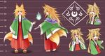  :d absurdres animal_ears barefoot blonde_hair fang fang_out feet fire fox_ears fox_tail geta hakama haori height_chart highres japanese_clothes long_hair miko multiple_tails no_socks ofuda open_mouth orange_eyes original red_hakama sandals senbon smile tail toes two_tails wide_sleeves 