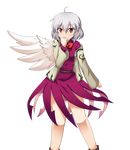  ahoge bare_legs blush bow bowtie commentary covering_mouth dress highres jacket kishin_sagume mono_(mono60) red_eyes short_dress shy silver_hair single_wing solo touhou transparent_background wings 
