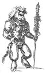  anthro armor belt black_and_white bottomless breastplate clothed clothing cloven_hooves colorless concept_art digitigrade hooves inherit_the_earth lisa_sample male mammal mane melee_weapon monochrome muscular muscular_male official_art okk polearm simple_background solo spear straps suid suina sus_(pig) weapon wild_boar 