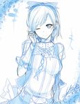  ;) alternate_costume blue blush breasts covered_nipples djeeta_(granblue_fantasy) granblue_fantasy hair_ribbon hairband highres kimi_to_boku_no_mirai large_breasts looking_at_viewer monochrome one_eye_closed puffy_short_sleeves puffy_sleeves ribbon short_hair short_sleeves smile solo star taut_clothes upper_body vellark 