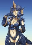  arm_behind_back barbariank blue_dragon_(d&amp;d) blue_hair breasts center_opening cleavage dark_skin dragon_girl dungeons_and_dragons horn large_breasts monster_girl navel pointy_ears scales short_hair slit_pupils smile solo tail thighhighs yellow_eyes 