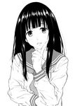  :d absurdres bangs blunt_bangs chitanda_eru greyscale highres hyouka long_hair looking_at_viewer monochrome open_mouth school_uniform serafuku simple_background smile solo white_background yoshiki360 