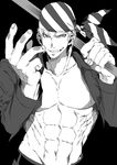  abs bad_id bad_pixiv_id bandana billy_kane fang greyscale grin highres hohehohe jacket male_focus monochrome open_clothes open_jacket over_shoulder pectorals shirtless smile solo staff striped the_king_of_fighters weapon weapon_over_shoulder 