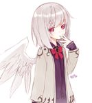  bow capriccio dress kishin_sagume long_sleeves looking_at_viewer purple_dress red_eyes short_hair silver_hair simple_background single_wing solo touhou upper_body vest white_background wings 