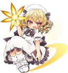  1girl arm_up blonde_hair book commentary_request crescent_moon curly_hair dress fairy fairy_wings hat ini_(inunabe00) knees_up light luna_child magic moon open_mouth red_eyes short_hair slippers smile socks solo touhou transparent_background white_dress white_footwear white_hat wings 