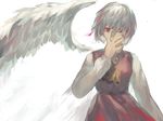  ascot bad_id bad_pixiv_id dress hand_on_own_face highres kishin_sagume long_sleeves nail_polish nazoko red_eyes short_hair silver_hair simple_background single_wing solo touhou upper_body white_background wings 