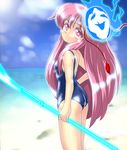  commentary_request expressionless hata_no_kokoro long_hair looking_at_viewer mask one-piece_swimsuit pink_eyes pink_hair polearm school_swimsuit solo spear swimsuit touhou uboa weapon winn youkai yume_nikki 