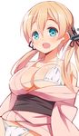  9law :d aqua_eyes bare_shoulders blonde_hair blush breasts japanese_clothes kantai_collection kimono large_breasts long_hair no_hat no_headwear off_shoulder open_mouth panties prinz_eugen_(kantai_collection) smile solo twintails underwear white_panties 