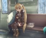  1girl akita_neru bag black_legwear black_thighhighs blonde_hair boots closed_mouth female jacket long_hair long_sleeves novcel open_jacket phone side_ponytail sitting skirt solo thighhighs train_interior vocaloid yellow_eyes zettai_ryouiki 