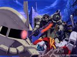  axe damaged gm_(mobile_suit) gun gundam gundam_zeonic_front mecha weapon zaku zaku_ii 