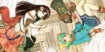  atelier_(series) atelier_shallie bag blue_shirt blue_skirt bow brown_eyes brown_hair dress fingerless_gloves from_above gloves green_eyes green_hair hairband hat hidari_(left_side) highres long_hair lying multiple_girls non-web_source official_art on_floor on_side plaid plaid_skirt red_bow sand shallistera_(atelier) shallotte_elminus shirt short_hair skirt smile vial wooden_floor 