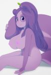  anthro areola big_breasts big_tail breasts female fur gloves_(marking) hair hair_tie holding_tail leaf mammal markings miu nipples nude panda pink_nose plum_(miu) ponytail purple_eyes purple_fur purple_hair simple_background sitting smile solo ursine white_background 