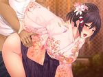  1girl arm_grab bent_over blush breasts clothed_sex flower game_cg hair_flower hair_ornament hair_up highres huge_breasts japanese_clothes kimono legs looking_away open_mouth ore_no_nioi_wa_hatsujou_switch purple_hair red_eyes saliva sex smile solo_focus sweat thighs tomohiro_kai vaginal 
