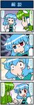  4koma :&lt; artist_self-insert blue_hair comic commentary_request frog_hair_ornament green_eyes green_hair grin hair_ornament heterochromia highres juliet_sleeves kochiya_sanae long_sleeves mizuki_hitoshi multiple_girls open_mouth puffy_sleeves real_life_insert shocked_eyes smile snake_hair_ornament sweat tatara_kogasa touhou translated 