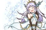  :d ^_^ bare_shoulders blue_flower blue_rose blush bridal_gauntlets closed_eyes collarbone crystal dress flower granblue_fantasy hachimae_nana hairband highres lily_(granblue_fantasy) long_hair open_mouth pointy_ears purple_hair rose smile snowflakes solo tiara upper_body white_dress 