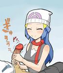  1boy 1girl blue_hair breasts handjob happy hat hetero hikari_(pokemon) nintendo nishikun penis pokemon smile uncensored 