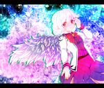  bow bowtie dress feathered_wings jacket kishin_sagume multicolored multicolored_background red_eyes short_hair single_wing solo touhou white_hair wings yukimimi 