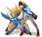  bag baseball_cap brown_eyes brown_hair denim gen_5_pokemon hat hood hoodie jeans male_focus messenger_bag pants pokedex pokemon pokemon_(creature) pokemon_(game) pokemon_bw samurott shoulder_bag touya_(pokemon) welchino 