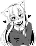 animal_ears blush cat_ears greyscale heart long_hair looking_at_viewer monochrome nokoppa open_mouth original simple_background smile solo white_background 