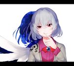  dress finger_to_mouth highres jacket kishin_sagume letterboxed nakukoroni red_eyes shadow short_hair shushing silver_hair single_wing smile solo touhou wings 