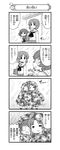  4koma :3 absurdres akiyama_yukari backpack bag blush blush_stickers camouflage closed_eyes comic girls_und_panzer greyscale highres monochrome multiple_girls nanashiro_gorou neckerchief nishizumi_miho o_o official_art ooarai_school_uniform open_mouth pdf_available pleated_skirt poncho rain rain_poncho raincoat school_bag school_uniform serafuku skirt smile socks standing sweatdrop translated 