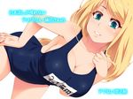  aqua_eyes blonde_hair breasts cleavage grin hand_on_hip hayashi_custom large_breasts leaning_forward long_hair name_tag one-piece_swimsuit original parted_lips school_swimsuit simple_background smile solo swimsuit text_focus white_background 