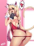  1girl @_@ animal_ears ass backless_outfit black_legwear blonde_hair cat_ears cat_tail fishnet_pantyhose fishnets green_eyes highleg highleg_leotard jjune kittysuit leotard long_hair looking_at_viewer low_twintails maid_headdress open_mouth original pantyhose puffy_short_sleeves puffy_sleeves red_leotard rei_no_himo short_sleeves solo spoken_exclamation_mark sweat tail twintails very_long_hair wrist_cuffs 